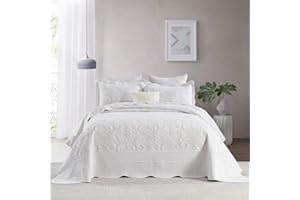 FineStichery 100% Cotton Oversized Bedspread Quilt Coverlet Set, 120"x120" Extra Large King Bedspreads with Pillow Shams, Lightweight Embroidered Bedding Cover 3 Piece, White/Beige