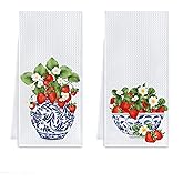 Cilrii Chinoiserie Strawberry Kitchen Towels, Blue and White Porcelain Strawberry Dish Tea Towels, Grandmillennial Strawberries Fruit Hand Towel for Bathroom Kitchen, 16x24 Inch Set of 2