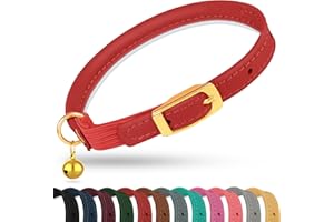 OOPSDOGGY Rolled Leather Cat Collar with Bell - Reflective Kitten Collar with Safety Elastic Strap - Adjustable Small Pet Collars for Boy Girl Cats (Red)