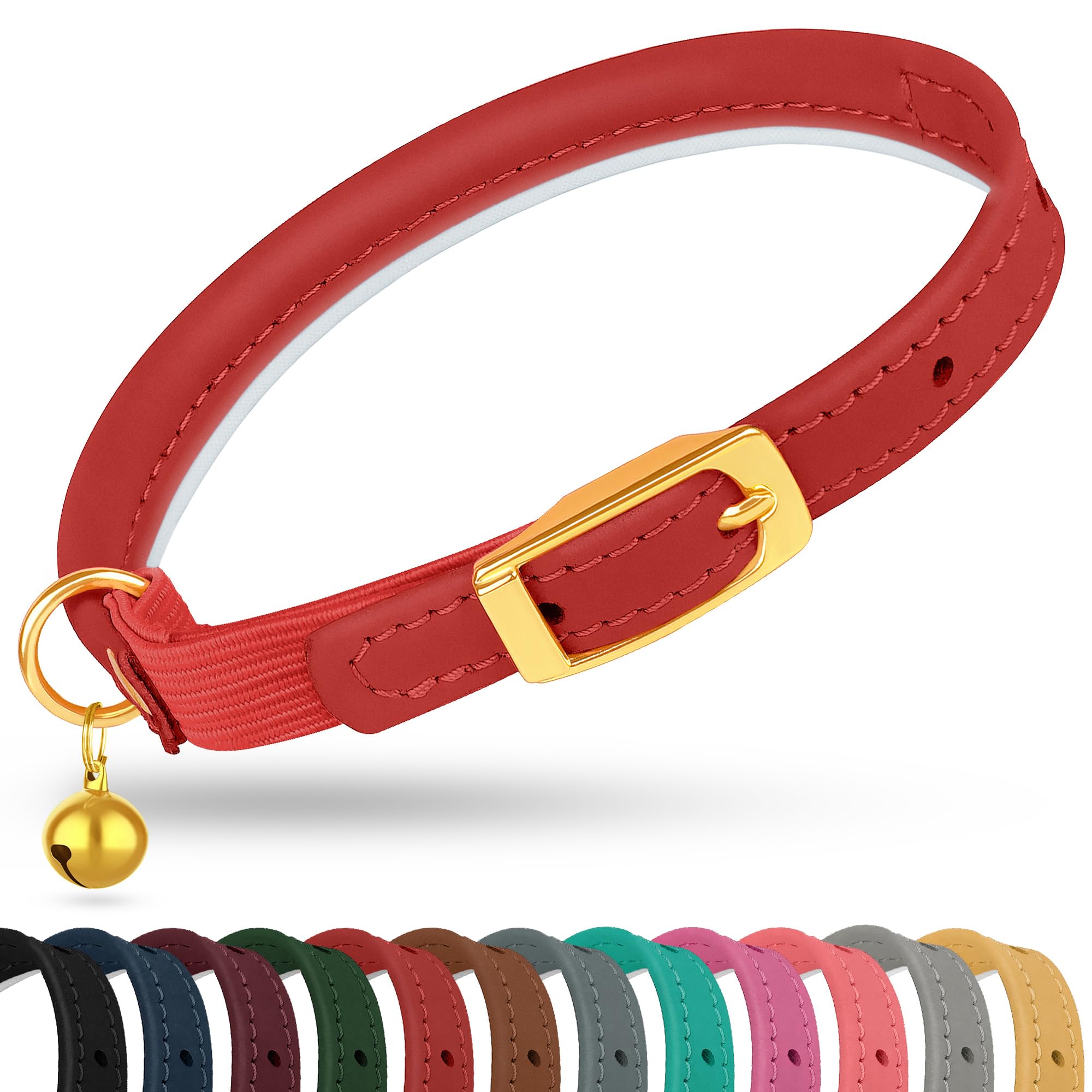 OOPSDOGGY Rolled Leather Cat Collar with Bell - Reflective Kitten Collar with Safety Elastic Strap - Adjustable Small Pet Collars for Boy Girl Cats (Red)