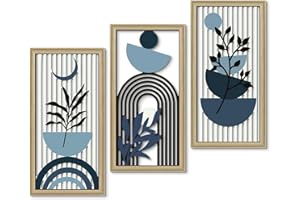 Putuo Decor Boho Abstract Wall Art, Set of 3, Modern Botanical Wooden Wall Decor, Blue Mid-Century Minimalist Framed Artwork 