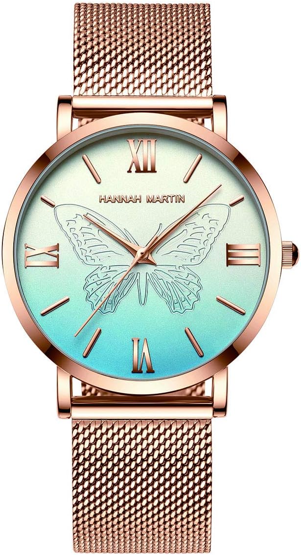 Hannah Martin Japan Quartz Women's Watches Waterproof Rose Gold Stainless Steel Mesh Band Butterfly Wrist Watch