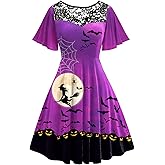Halloween Women Costume Vintage Witch Purple Mini Dresses Funny Rockabilly Party Outfits XL