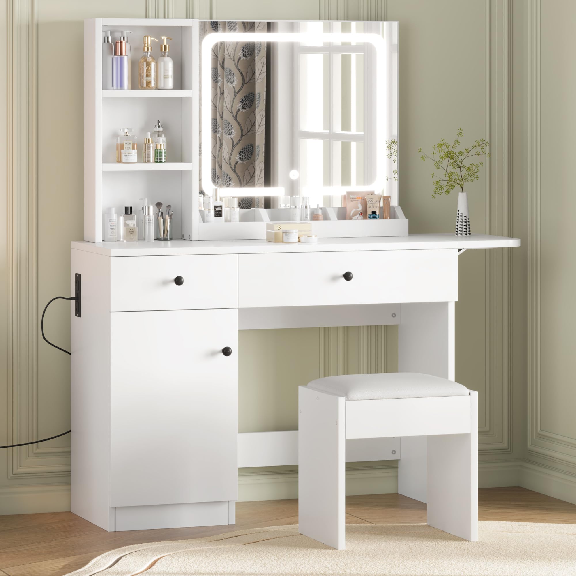 Photo 1 of ***MIRROR CRACK***IDEALHOUSE White Vanity Desk with LED Lighted Mirror & Power Outlet, Makeup Vanity with Drawers & Cabinet & Chair, Vanity Table Set for Bedroom