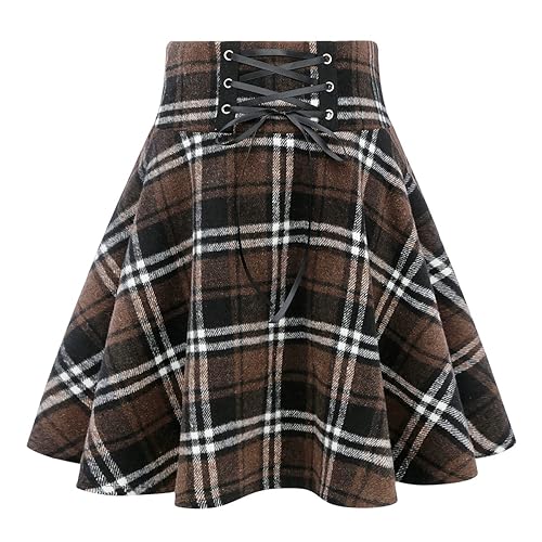 IDEALSANXUN Brown Plaid Skirts for Women Flannel Mini Pleated