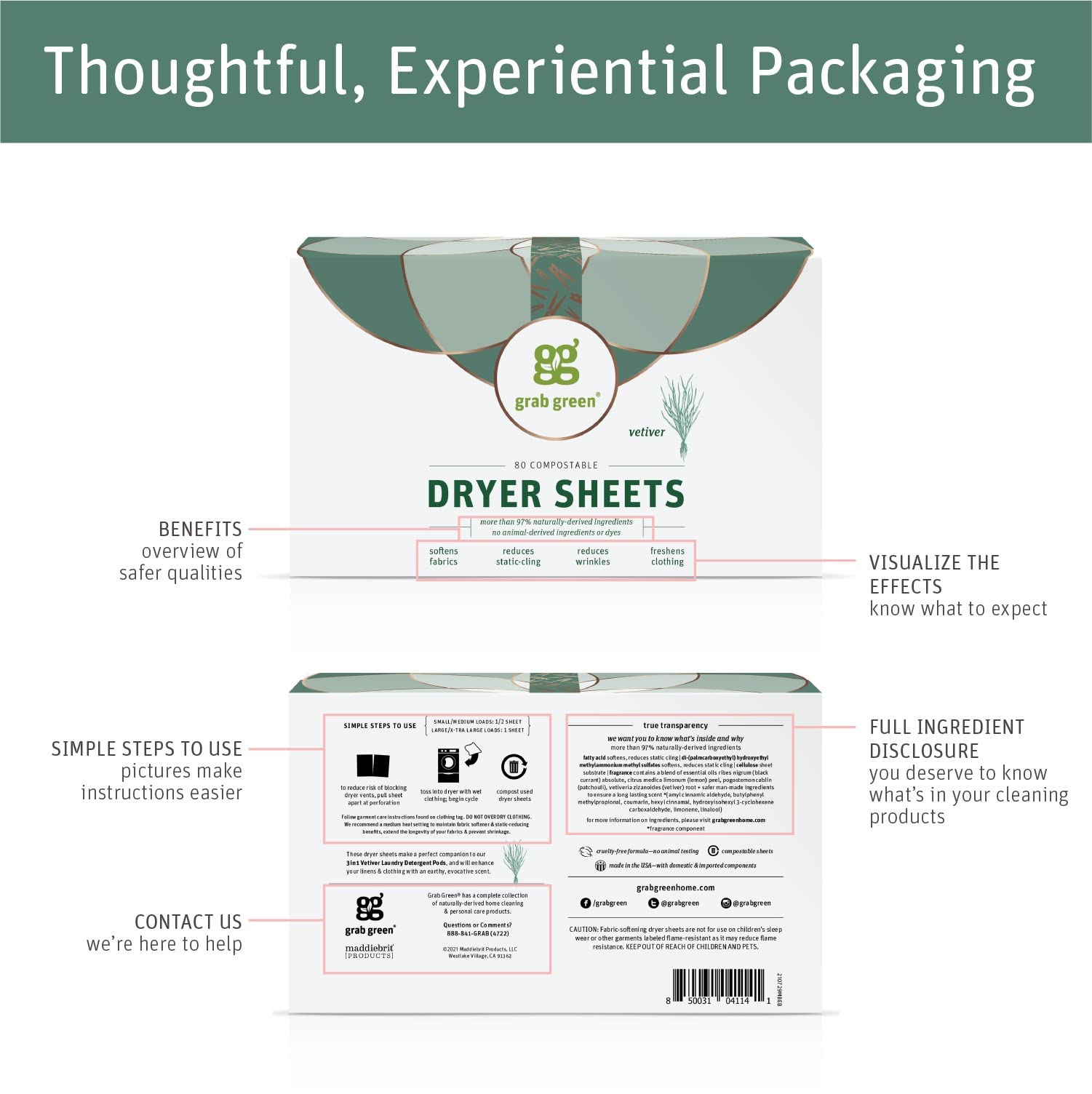 Grab Green Dryer Sheets, 160 Sheets, Lavender Vanilla Scent, Plant Based, Softens Fabrics, Reduces Static Cling and Wrinkles