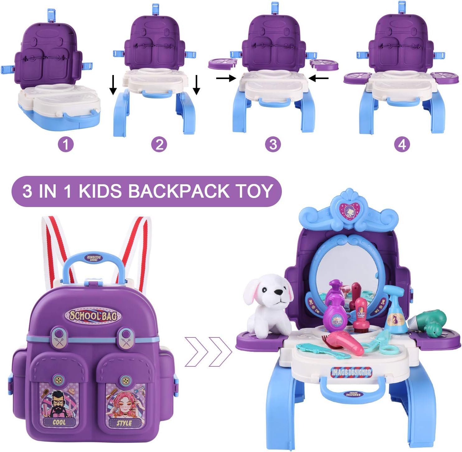 Kids Beauty Hair Salon Toy Pretend Play Hair Styling Set Simulation Hairdressing Kit with 3-in-1 Carrier Backpack, 16Pcs Role Play Educational Toy Pretend Game Gifts for Kids Girls Birthday Christmas: Toys & Games