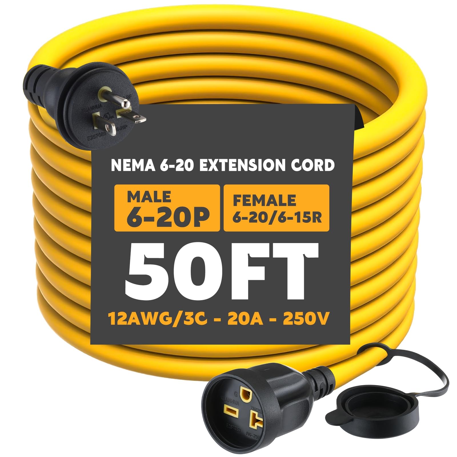 Photo 1 of Saysurey NEMA 6-20 Extension Cord, NEMA 6-20P Male Plug to 6-20/6-15R Female Receptacle, 20 Amp T-Blade Outlet Extension Power Cord with Waterproof Sockets, Heavy Duty 12 AWG, 250V, 5000W(50 ft)