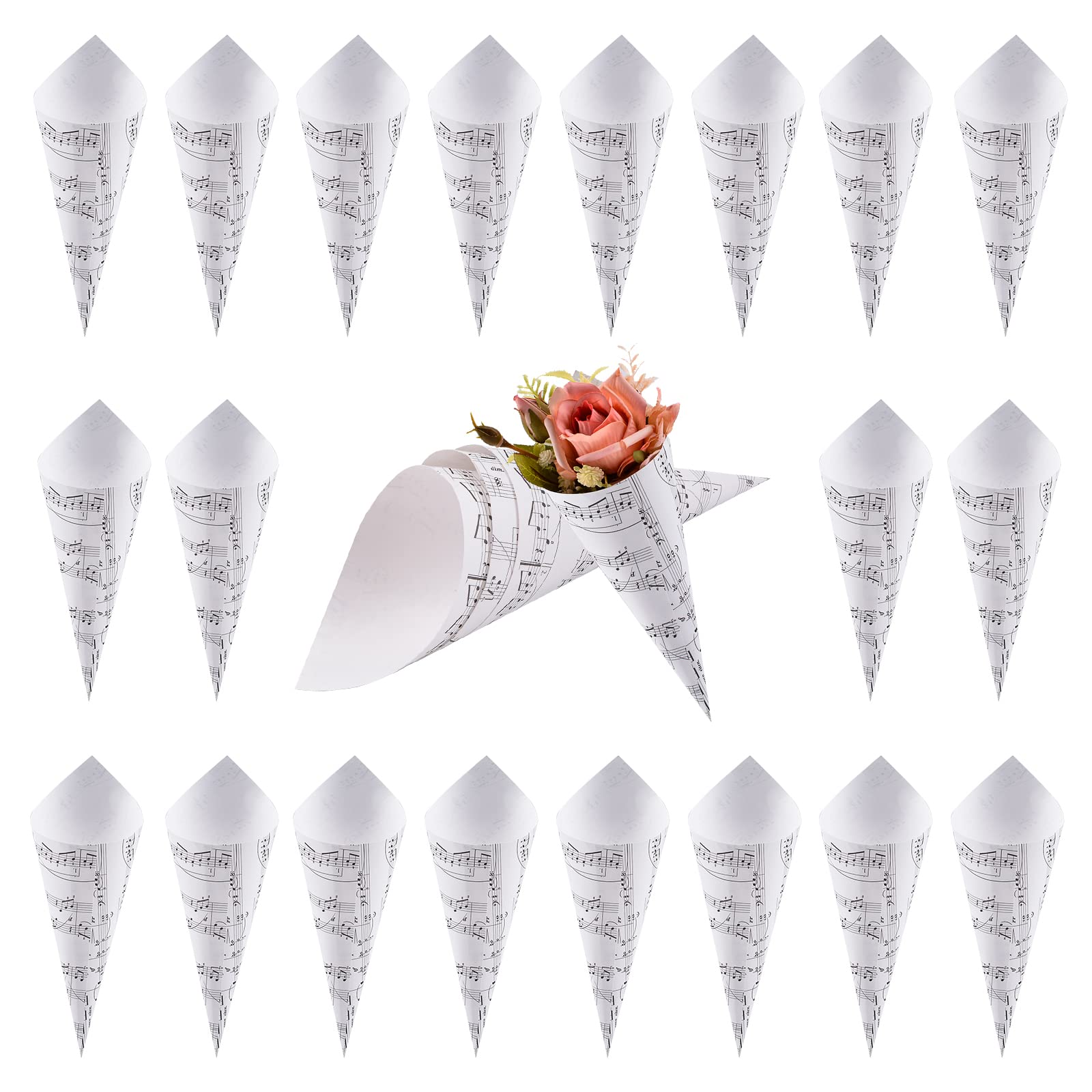 WANDIC Kraft Paper Cones, 50 Pcs White Wedding Confetti Paper Bouquet Petals Bags Boxes with Musical Note for Wedding Party Gifts Packing