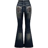 MakeMeChic Women's Flared Jeans Bell Bottom Jeans Embroidered Y2K High Waist Stretchy Denim Pants