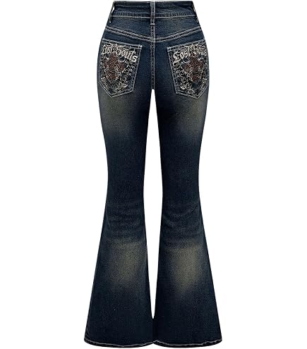 WDIRARA Women's Goth Punk Rhinestone Embroidered Flare Jeans Denim