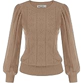GRACE KARIN Women's Long Lantern Sleeve Crew Neck Crochet Top Hollow Out Fall Pullover Sweater