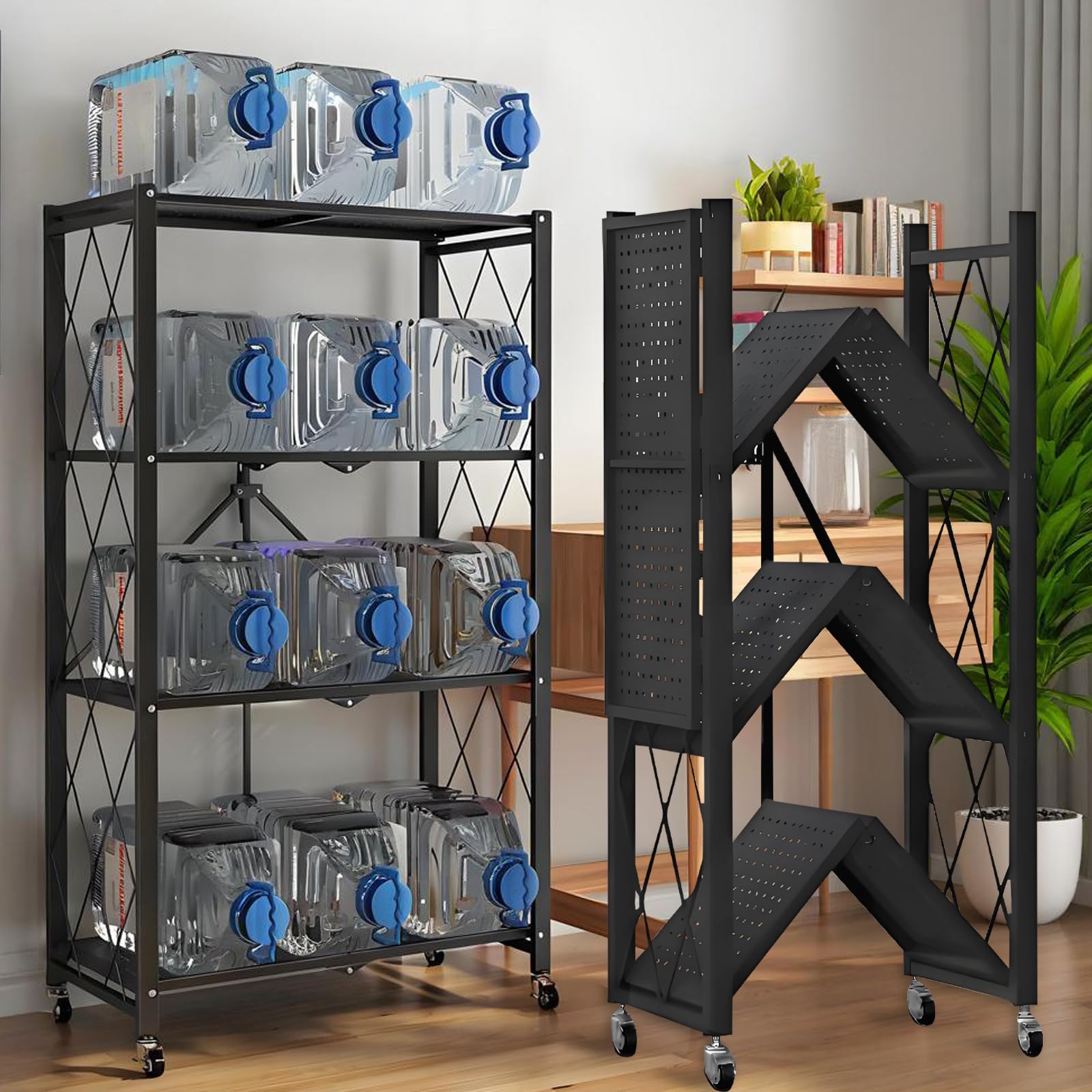 Photo 1 of Kitchen Garage Metal Shelves, Storage Shelves Organizer, Foldable Metal Shelving, Closet Shelving Unit, 28" W x 14" D x 50" H Bakers Rack Microwave Stand, Plant Stand with Wheels (4-Tier Shelf)