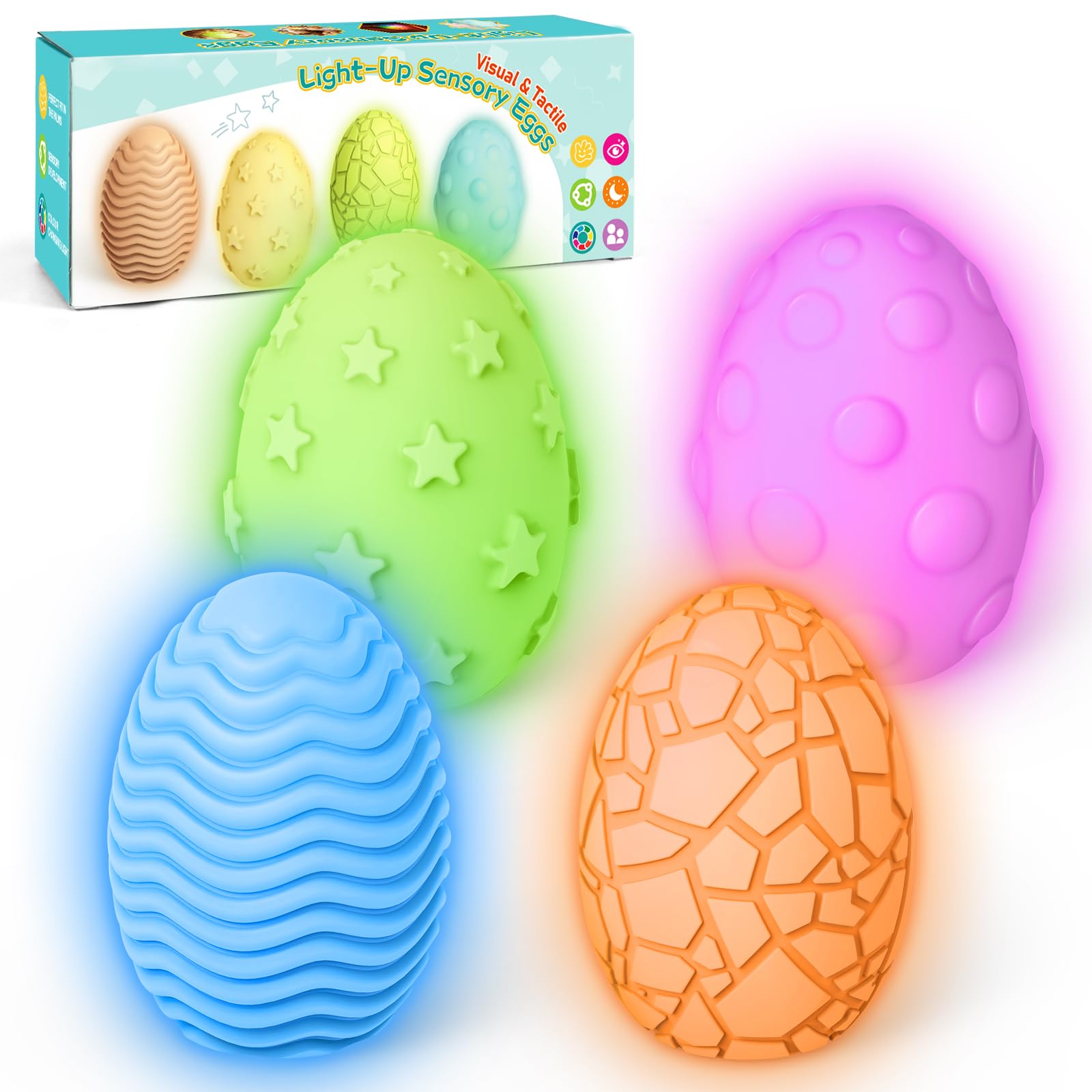 NYOBABE Sensory Toys for Autism,4 Textures 7 Colors Sensory Lights,Sensory Toys for Toddlers,Egg Night Light for Kids,Light Up Autism Toys,Xmas Birthday Easter Gifts for Boys and Girls Ages 3+