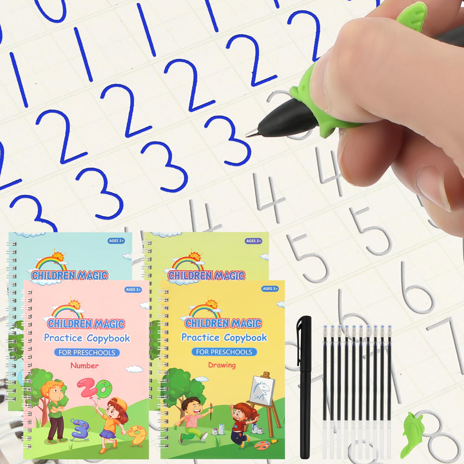 Photo 1 of PEASUG Grooved Writing Books for Kids 3-5, Magic Grooved Writing Practice for Kids, Reusable Grooved Handwriting Workbooks Practice for Kids Learn to Write, Children's Magic Copybooks 4 Pack