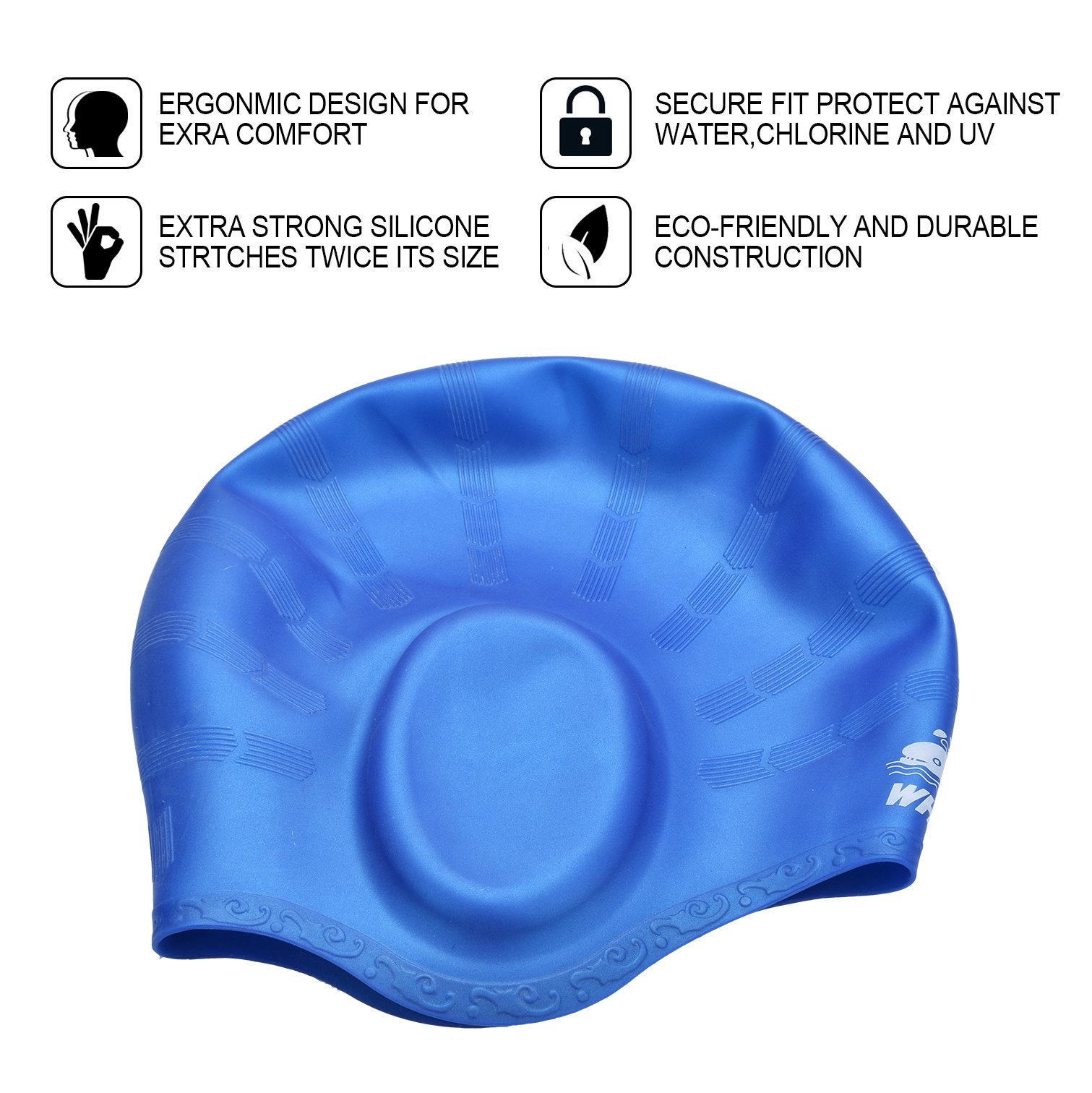 Cover Ears Swim Caps for Long Hair 100% Silicone Swimming Hat for Unisex Adult KIds Reduce Water Intake Makes Your Hair Clean(blue)