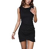 Black Short Dress, 2025 Summer Round Neck Sleeveless Mini Dresses for Women with Tulip Hem, Slim Fit One Side Ruched Bodycon