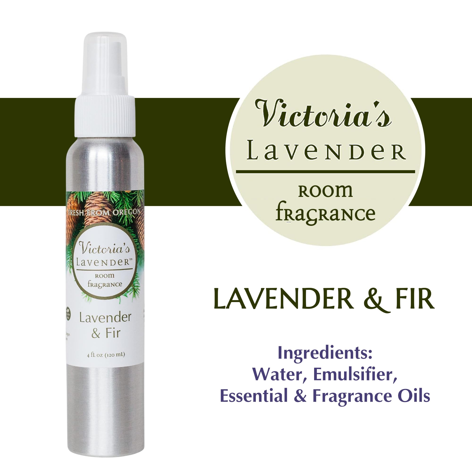 Victoria's Lavender Room Spray, All Natural Home Atmosphere Essential Oil Concentrated Room Spray Air Freshener, Bathroom Odor Eliminator, Luxury Spray Made in the USA, Lavender & Fir - 1 Pk (4 Fl Oz)