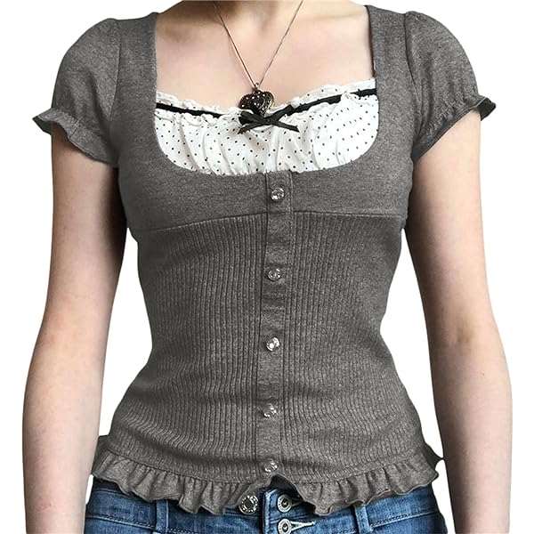Women Y2k Lace Trim Square Neck Crop Tops Fairy Grunge Frill