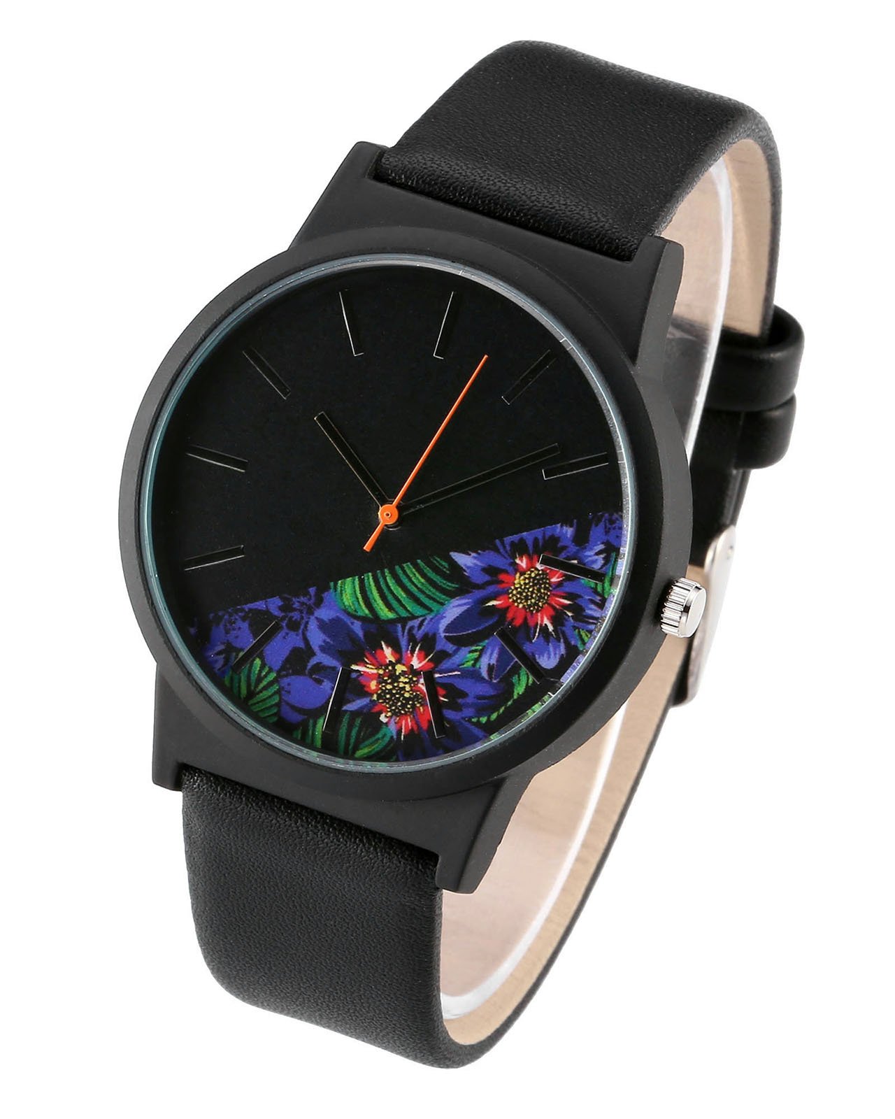 JSDDE Montre à Quartz Femme Fille Basel style Montre-bracelet moitié pivoine feuilles fleurs Noir Cadran Bracelet PU cuir -Brun