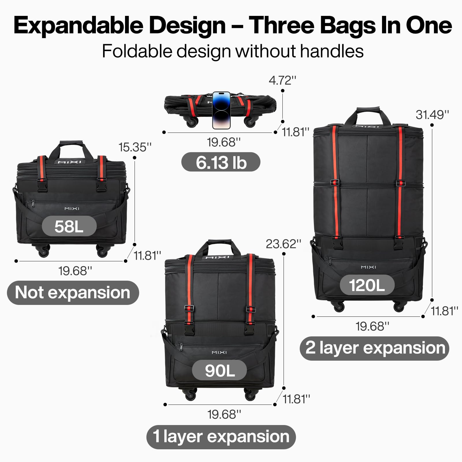 mixi Travel Bag with Wheels Expandable Foldable Luggage Bag Collapsible Rolling Travel Bag Duffel Bag Large Capacity Suitcase for Men Women, Black