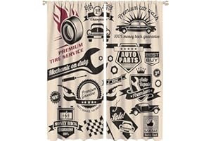 QIONGHAILUANNANSHANGMAOYOUXIANGONGSI Retro Cars Blackout Windows Curtains, Car Repair Shop Logos Monochrome Car Silhouettes Best Garage in Town Rod Pocket Curtains, for Living Room Bedroom 42x54in 2 Panels