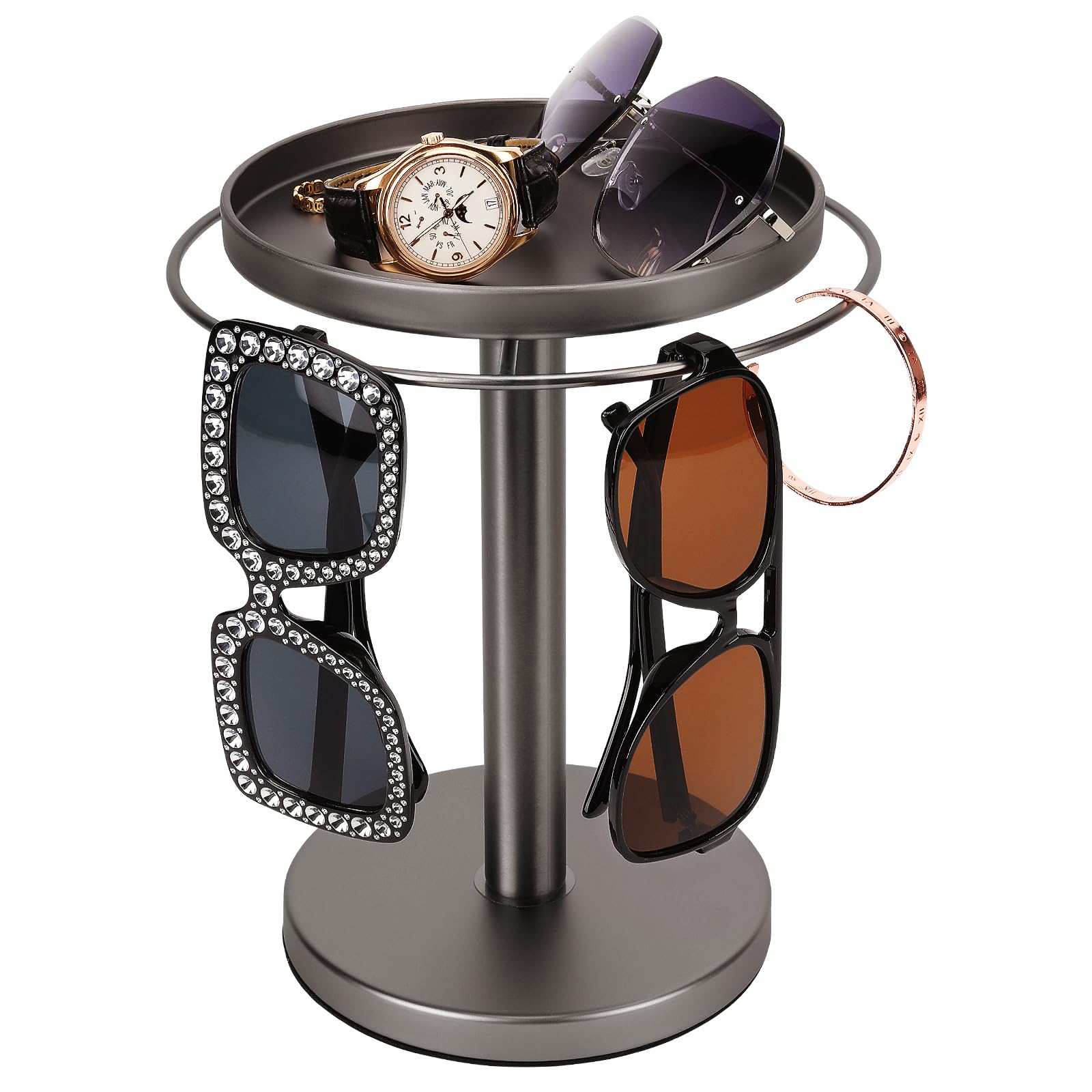 Photo 1 of kondyfayo 360° Rotating Sunglass Organizer Storage, Stainless Steel Glasses Holder Stand, Glasses Organizer with Tray for Desk, Dresser, Tabletop, Nightstand and Home Decor(Titanium Black)