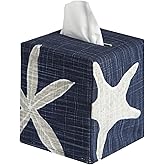 Fabric Tissue Box Cover, Tissue Holder Slipcover, Slips Over Square Cube Cardboard Facial Tissue Boxes -Decorative Blue Beach Themed Bathroom Decor, Bedroom, Desk, Made in USA