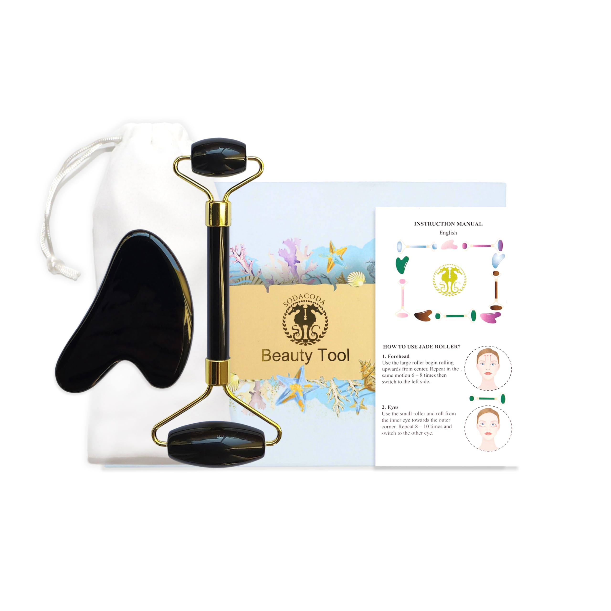 Sodacoda Gua Sha Set - Tradional Chinese Beauty Face Massage - Semi Gemstone Scraper and Roller - Black Obsidian