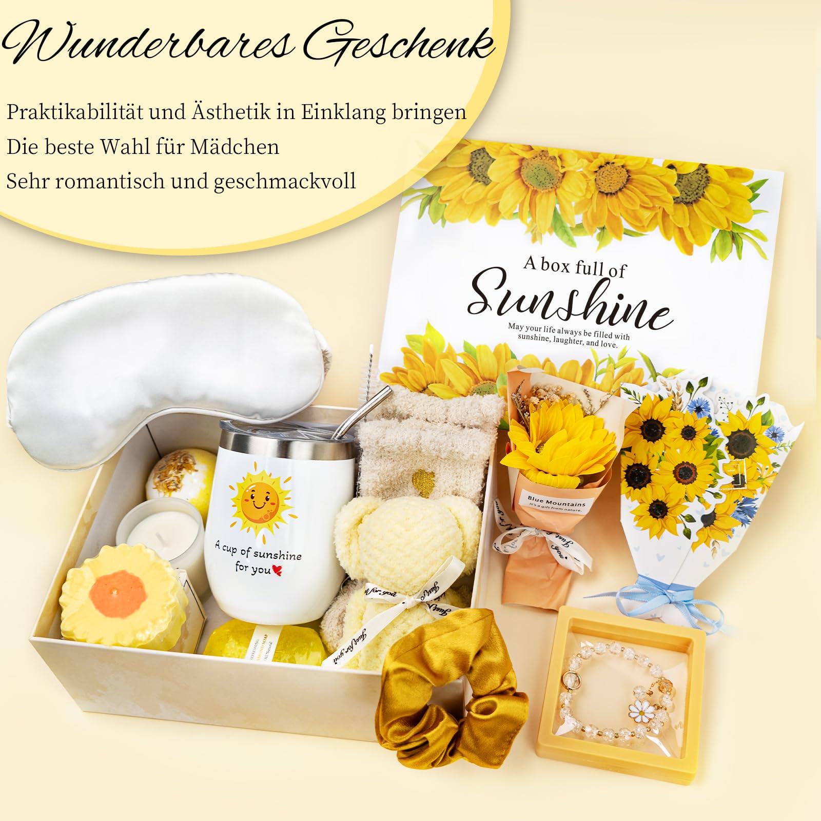 Birthday Gifts for Women, Sunflower Self-Care Package, Sending Sunshine Get Well Gifts for Women, Her, Sister, Mom, Best Friends, Unique Relaxation Spa Basket Perfect for Valentine's Mother's Day