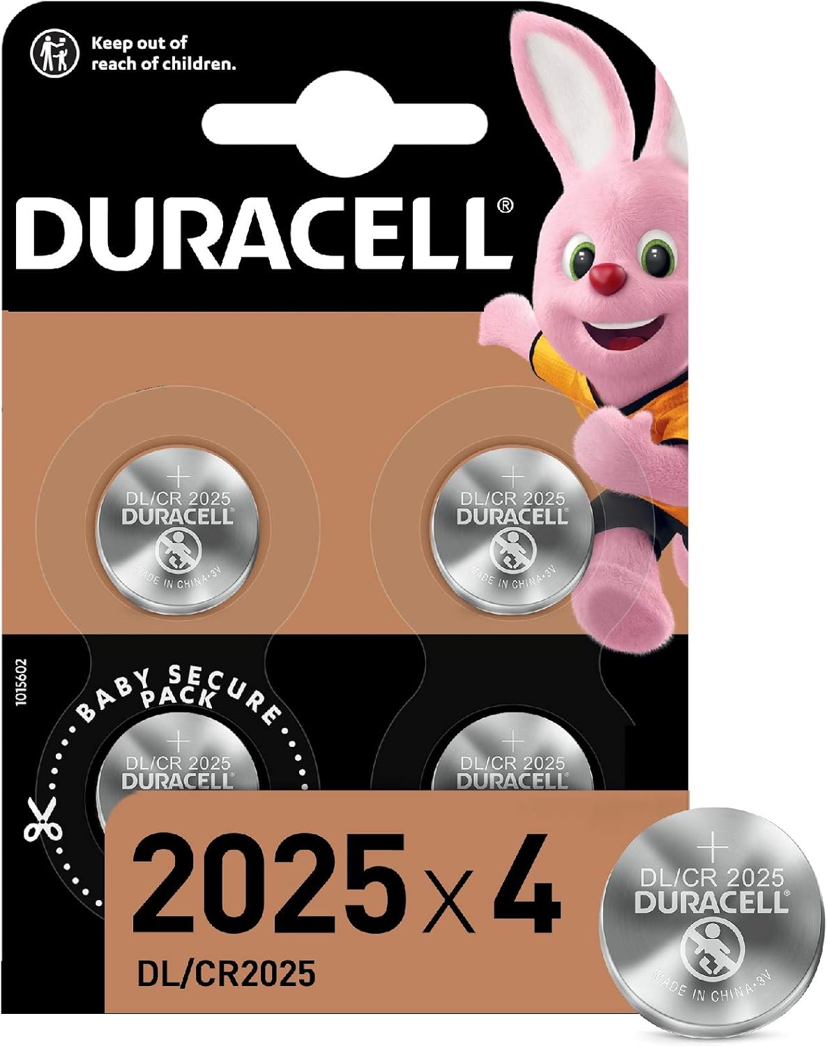 DURACELL 2025 Lithium Coin Batteries 3V (4 Pack), Up to 70% Extra Life, Baby Secure Technology