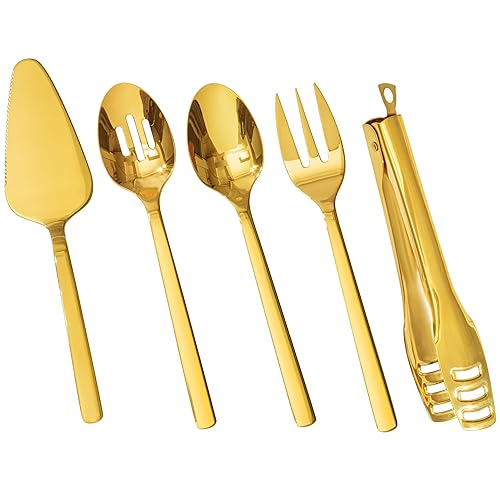 KINGSTONE Large Hostess Serving Utensils Set,18/10 Stainless Steel Heavy Duty 10inch Serving Spoons,Slotted Spoons,Serving Fork,Serving Tongs, Cake Pie Server For Buffet, Wedding, Party, Gold