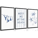 3pcs Blue Trendy Coastal Beach Canvas Wall Art Bikini Seashell MEET ME AT THE BEACH Wall Decor Pictures Coastal Granddaughter