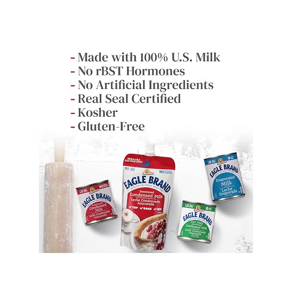 EAGLE BRAND 14OZ SWEETENED CONDENSED MILK, GREAT FOR FLAN, COOKING, BAKING, DRINKS, DESSERT, ICE CREAM, NO ARTIFICIAL INGREDIENTS, GLUTEN FREE, RICH CREAMY FLAVOR, RBST-FREE, KOSHER-DAIRY