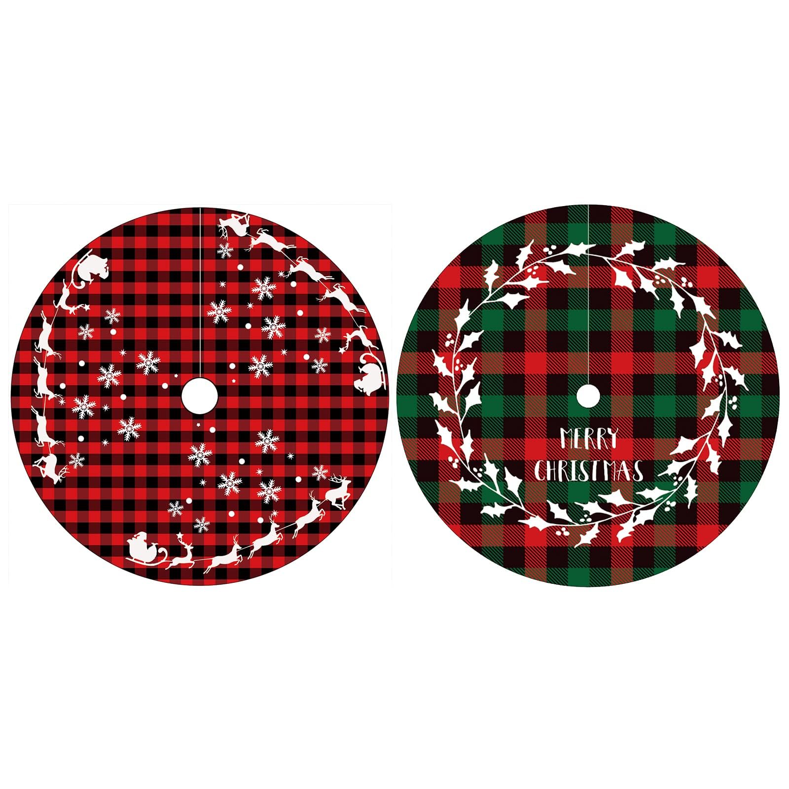 Photo 1 of 2-Piece Mini Christmas Tree Skirt - 15 Inch Buffalo Check Plaid Tree Skirt - Red & Black Plaid - Snowflake, Reindeer & Santa Designs