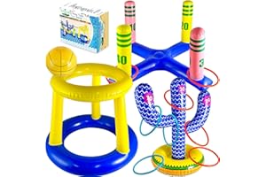 FINDUWILL 12Pack Pool Floats Toys Games Set for Kids Adults - Inflatable Basketball Hoop with Ball & Cross Ring Toss Game& Cactus Pool Toy with 8 Rings Floating Water Fun Toys for Kids Swimming Party Supplies