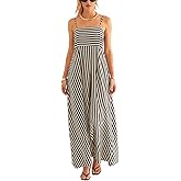 CUPSHE Womens Summer Maxi Dress Casual Sleeveless Square Neck Striped Beach Long Dress Black S