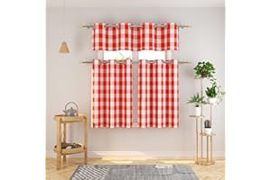 NATUS WEAVER 3 Pc Cotton Classic Country Farmhouse Kitchen Window Curtain Grommet Top -Red & White Buffalo Check Tier & Valance Set, 54" x 18" / 32" x 36"