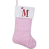 Shgngle Pink Knit Christmas Stockings Personalized, 19.5 Inches Embroidered Letter Christmas Stocking for Holiday Decorations and Xmas Gift(Initial M)