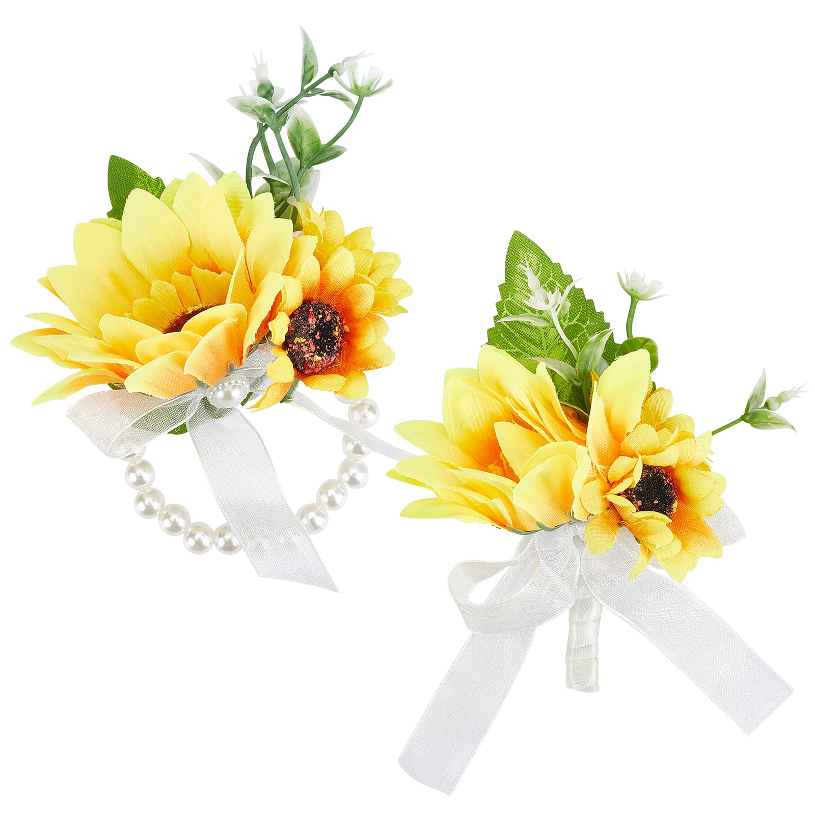 CRASPIRE Sunflower Wrist Corsage Set Wedding Flowers Accessories Artificial Flower Wrist Boutonniere Buttonholes Flower Wrist Corsage Groom and Brides Wedding Flowers Accessories