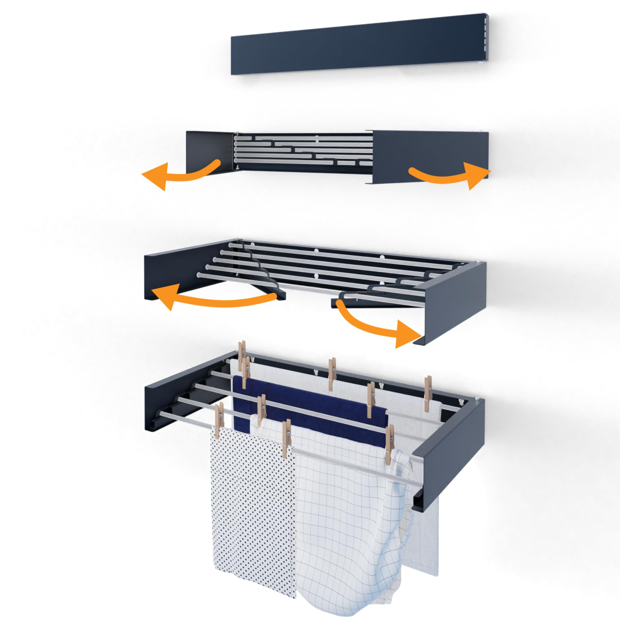 Hot Flow Glide Foldable Wall Mounted Clothes Rack, Retractable Clothes Drying Rack. Sleek Design With 5 x 70cm Rods For 3.5m Of Hanging Line. Perfect For Saving Space. 20kg Capacity, 70cm, Anthracite