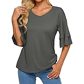 REORIA Shirts for Women's 2026 Ruffle Short Sleeve T Shirts Casual V Neck Cute Tops Fashion Blouse Clothes