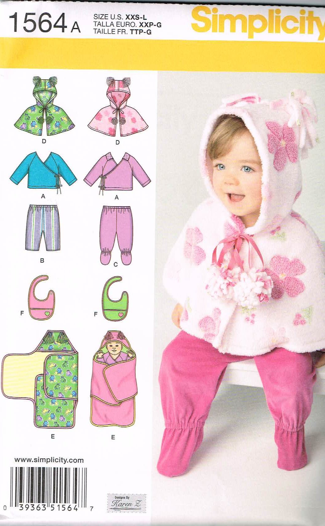 Simplicity Sewing Pattern 1564: Babies' Top, Pants, Bib, and Blanket Wrap, Size A, Paper, White, A (XXS-XS-S-M-L)