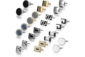 Wynameleri Cufflink 12 Pairs, Classic Fashion Men's Cuff Links Silver-tone Gold-tone Black for Business Wedding Party Gift Box