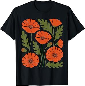 Women's Vintage Floral Poppy Wildflower Graphic Cute Casual T-Shirt