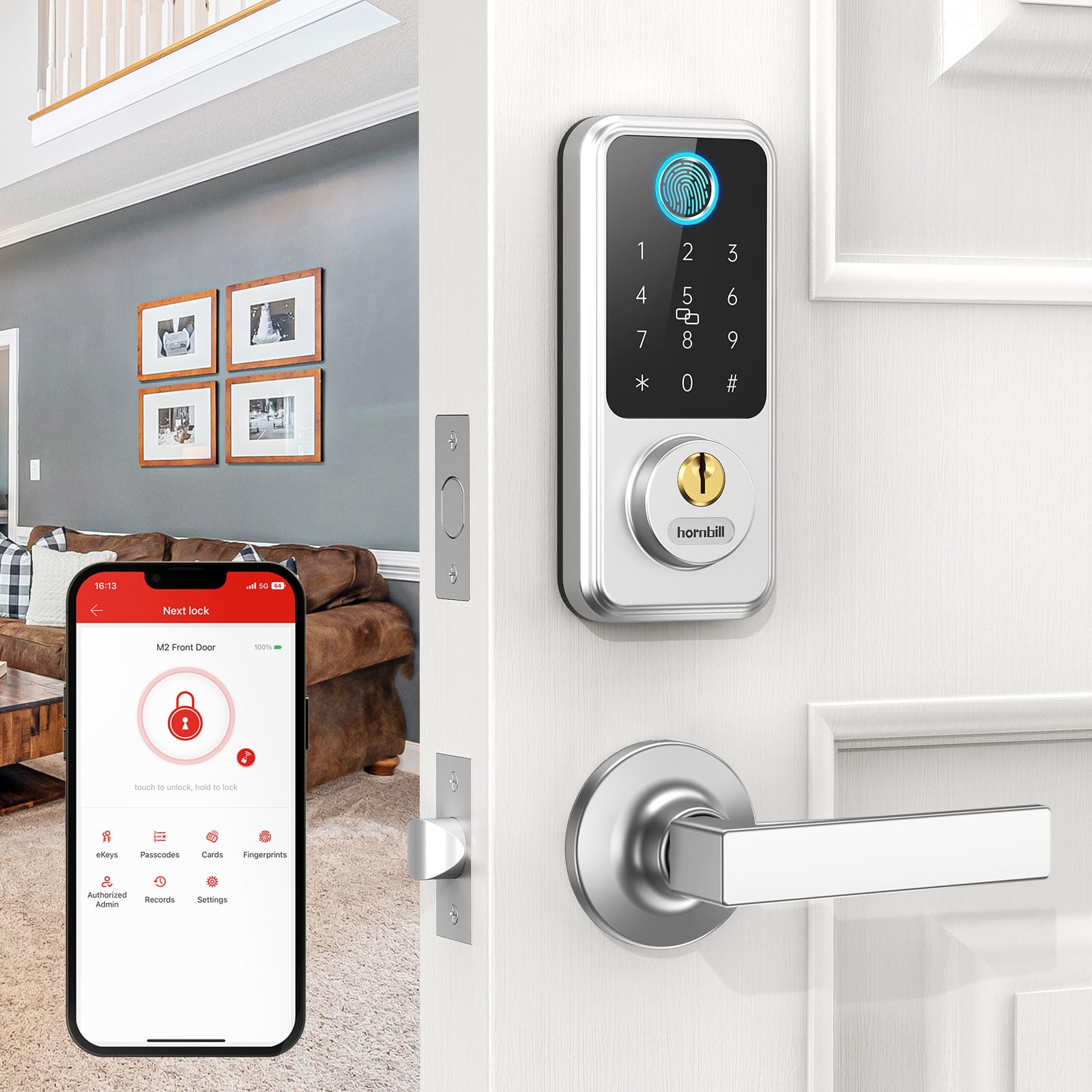 Smart Locks for Front Door with Handlesets: Keyless Entry Deadbolt with Handle Door Lever - Fingerprint Door Locks with Keypad - Hornbill Smart Door Lock Handle Set - Smart Deadbolt Auto Lock