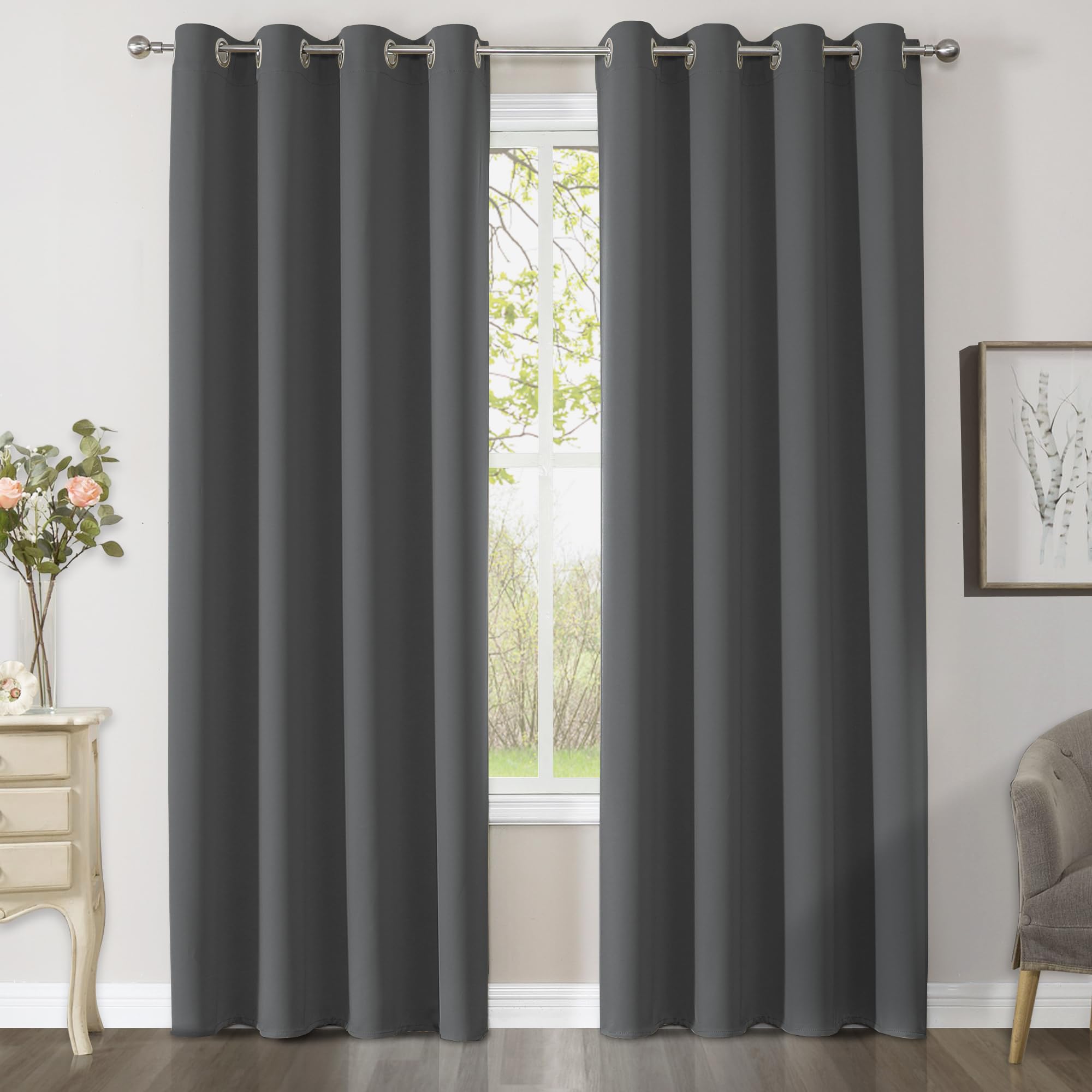 CUCRAF Blackout Curtains for Bedroom, Dark Grey 96 Inch Drop 2 Panels - Thermal for Living Room, Eyelet Black Out as Soundproof Room Dividers W55 x L96