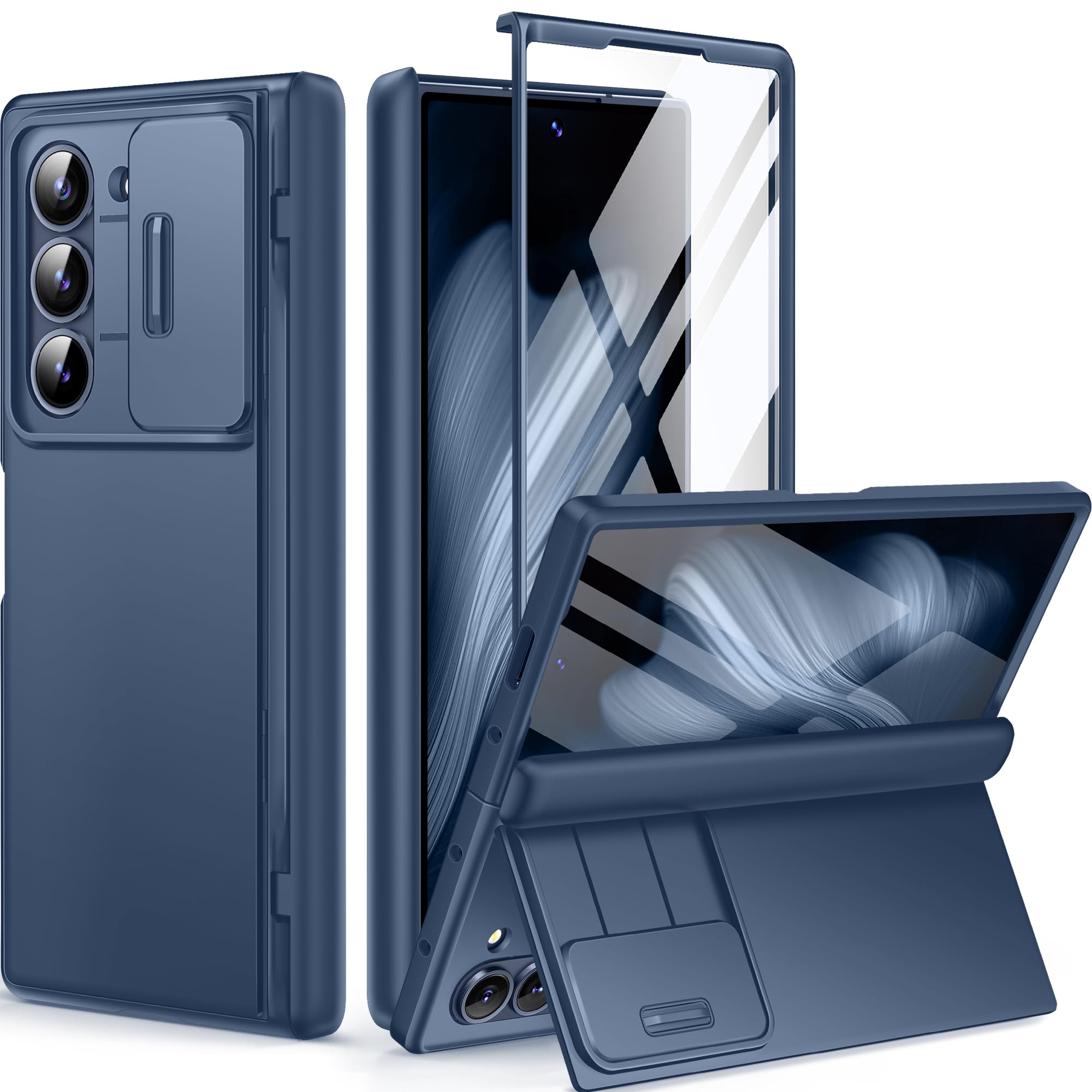 Photo 1 of BERFY for Z Fold 6 Case with Screen Protector, Hidden Kickstand & Slide Camera Cover, Full Body Heavy Duty Shockproof Slim Hinge Hard Protective Phone Case for Samsung Galaxy Z Fold 6 5G, Dark Blue