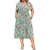 IN'VOLAND Women Plus Size Short Sleeve Dress Casual Wrap V Neck Belted Vacation Beach Midi Dresses with Pockets