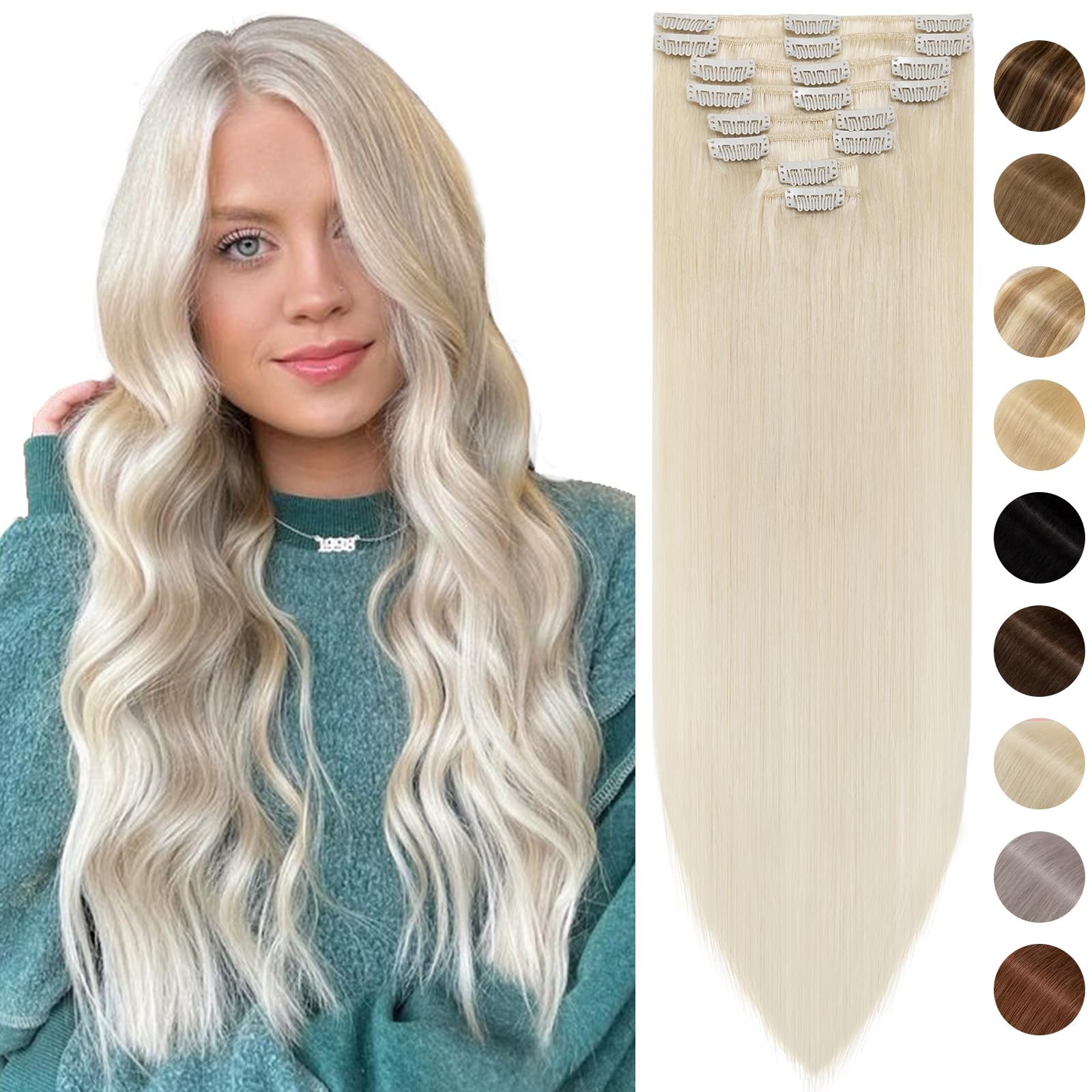 Silk-co 10"-50g Hair Extensions Clip in Hair Extensions Real Human Hair 100% Remy Straight Hair Extension #60 Platinum Blonde Basic Thickness-Thin Weft 8 PCS — image 1